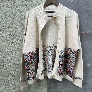 Peruvian Connection XL Alpaca Knit Button Sweater Cardigan Cream Embroidered EUC